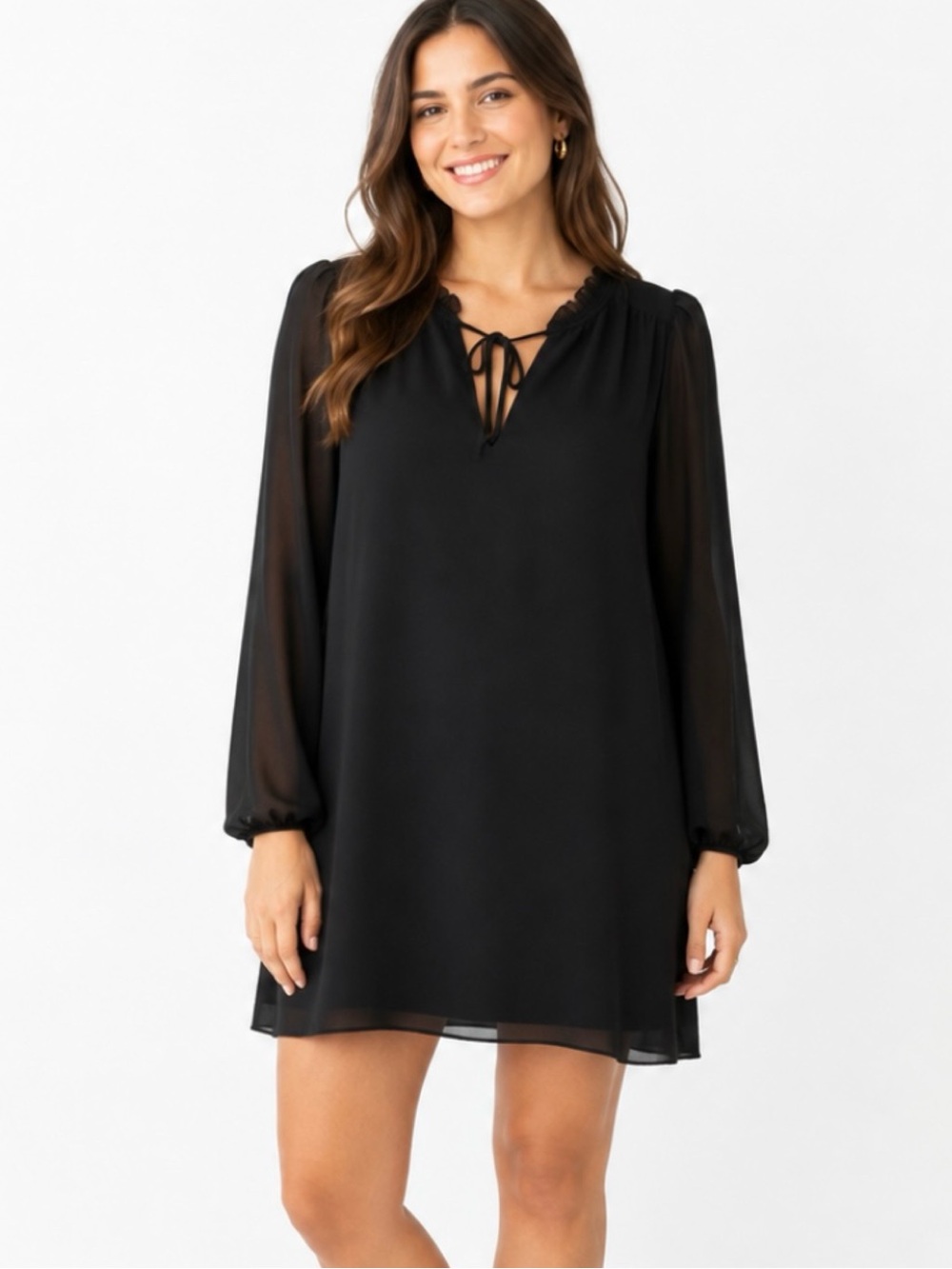 WILFRED | Black Long-Sleeve Tie-Neck Chiffon Shift Mini Dress Sz. XL Aritzia